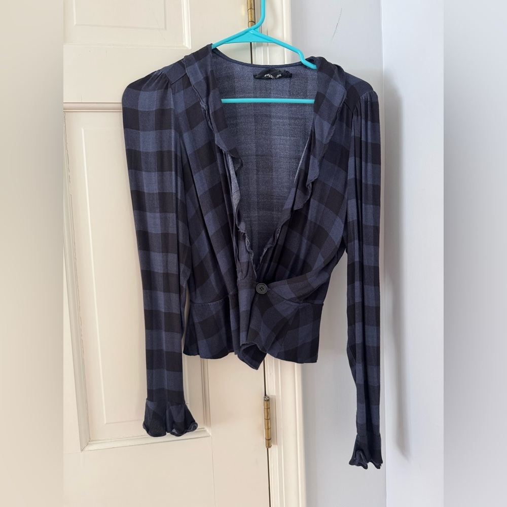 Reformation size M blue black large plaid long sleeve cross over shirt